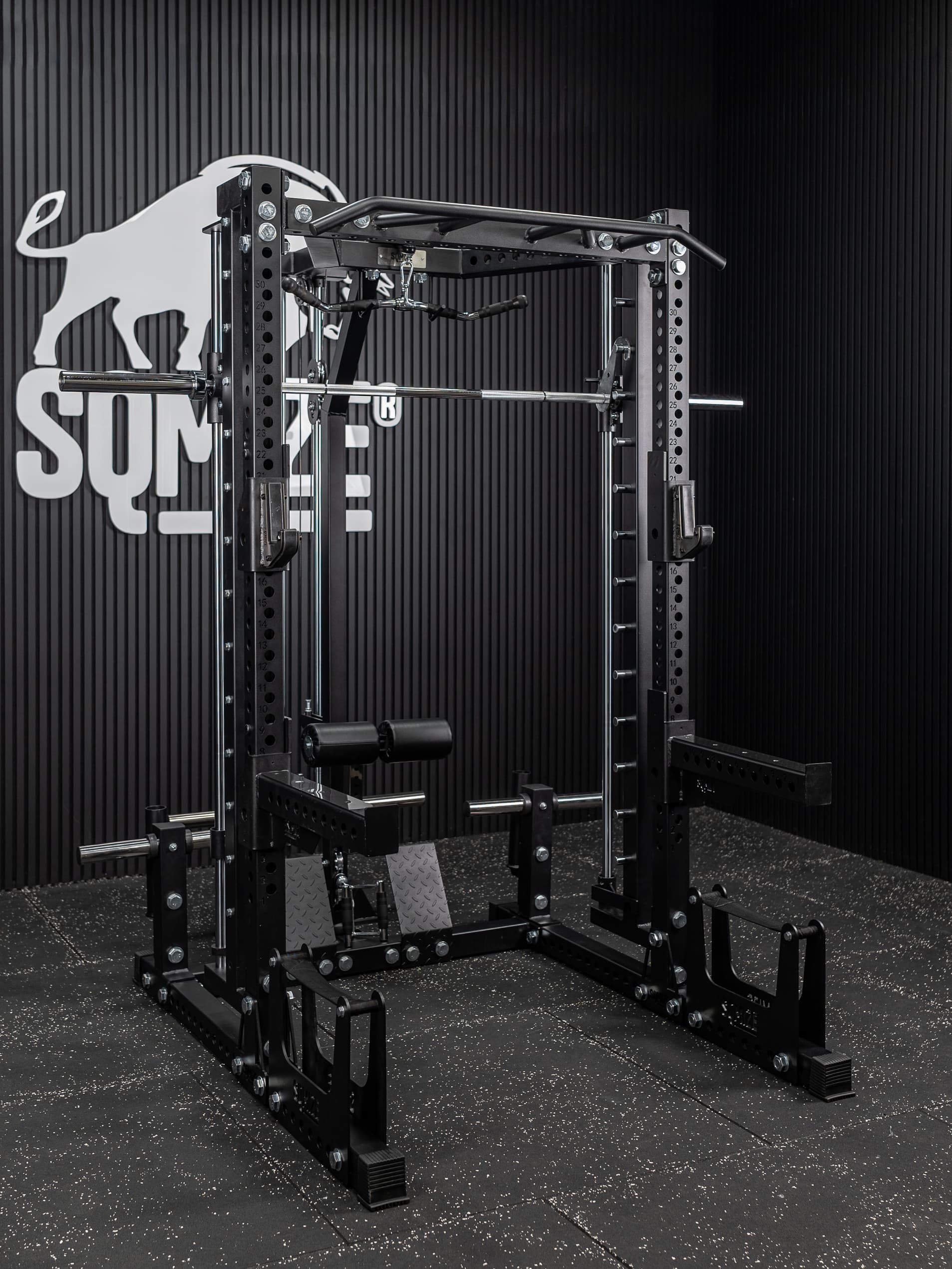SQ-S550RSR Premium Bison All-in-One Power Rack, Linear Smith, Half Rack & Latzug